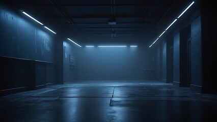 Dark empty street with a dark blue background, neon lights, and spotlights. The asphalt floor and smoky studio create a textured night view.






