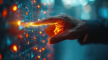 Close-up of businessman's finger touching a glowing screen (close up, technological interaction, realistic, Fusion, Office setting)