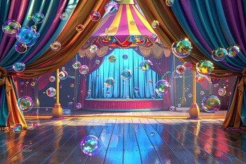A Colorful Stage Setting with Bubbles Floating in the Air.