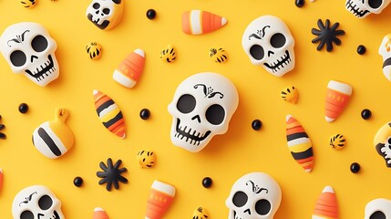 Spooky Halloween Pattern with Cheerful Skeletons and Candy Corn on Yellow Background | Fun Skull Cookies, Festive Illustration