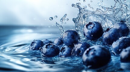 Fresh blueberries splashing in water. Copy space at the top for your branding or message