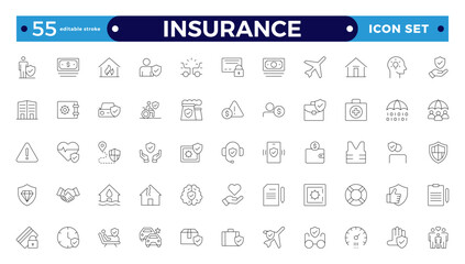 Insurance icon collection. Related to healthcare medical, life, car, home, travel insurance icons. Editable stroke outline icon. 