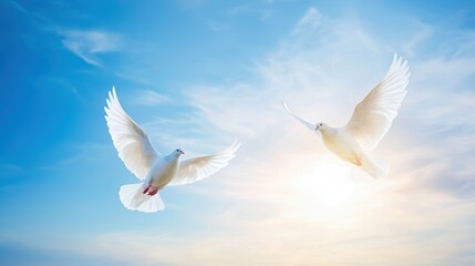 Obraz premium Graceful pair of white doves gliding in the sky, symbolizing the Christian values of peace, unity, and spiritual harmony