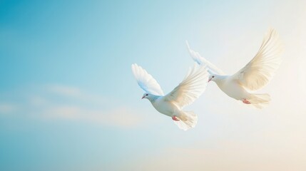 Obraz premium Graceful white doves flying together, representing the Christian symbols of peace, unity, and spiritual connection