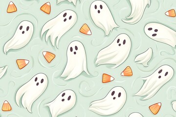 Fototapeta premium Spooky Ghosts and Candy Corn Cookies Pattern on Green Background - Halloween Illustration of Adorable Ghost Characters and Sweets