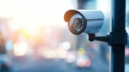 High-definition CCTV camera on a pole, providing continuous surveillance of a busy urban area