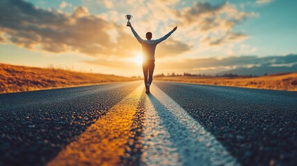 person reaching a finish line with a trophy, symbolizing excellence. The background should show a long and challenging road. 