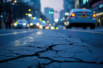 A cracked asphalt road with city lights in the background at dusk, capturing an urban scenery that showcases the intersection of city life and nature with vibrant light contrasts.