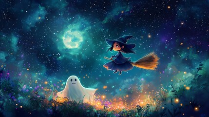 A whimsical scene featuring a witch flying on a broomstick alongside a friendly ghost under a starry night sky.