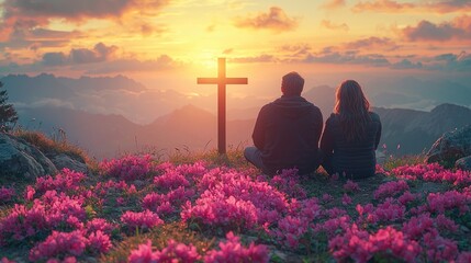 Couple praying together in a field in front of a cross at sunset