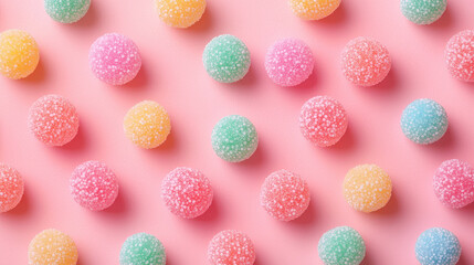 An array of colorful gumdrops with a sugary exterior, arranged neatly against a pastel pink background, provides a visually appealing contrast and a sense of playful joy.
