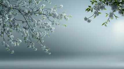   A blooming tree's branch, with white flowers in the foreground, against a blue sky background