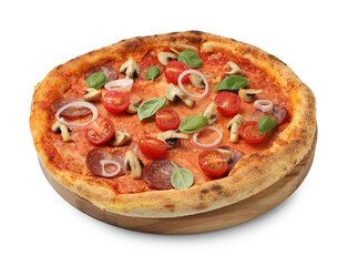 Delicious pizza with salami, tomatoes, mushrooms and basil isolated on white