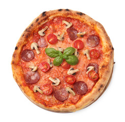 Delicious pizza with salami, tomatoes, mushrooms and basil isolated on white, top view