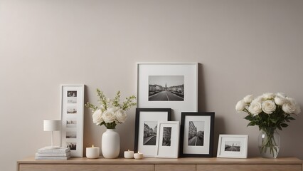 Empty photo frames on or against the wall in the Living room interior design 3d illustration template. Decorative items near around the poster frame.