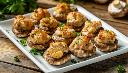 Fototapeta premium Stuffed mushrooms with cheese, delicious baked appetizer, traditional starter, golden crust.