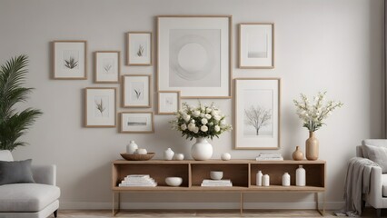 An empty modern living room with a stylish furniture set and picture frames on the wall 3d illustration template image.
