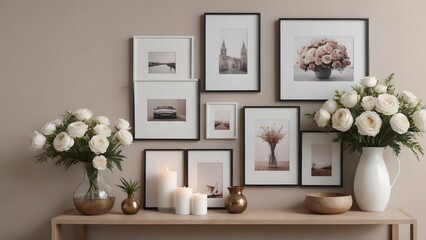 An empty modern living room with a stylish furniture set and picture frames on the wall 3d illustration template image.