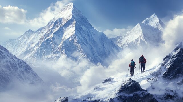 Sherpa Mountain Trekking Adventure in Nepalese Wilderness with Snow Peaks