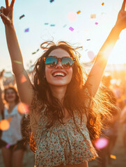 A woman is smiling and holding her hands up in the air