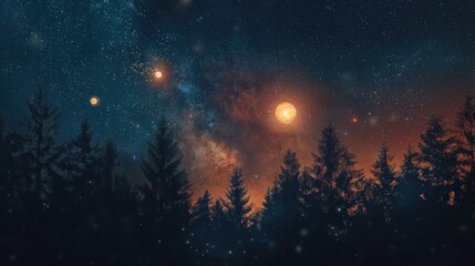 Naklejka premium Planets aligned in the night sky (selective focus, astronomical event, surreal, Composite, Forest clearing)