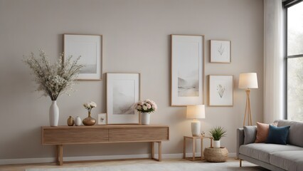 An empty modern living room with a stylish furniture set and picture frames on the wall 3d illustration template image.