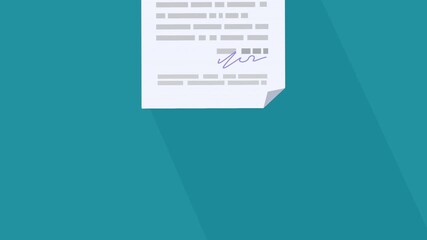 Animation loop of an eviction notice appearing from the bottom to place in the center and disappearing at the top on a blue background with long shadow (flat design)