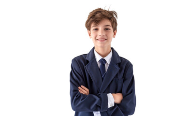 Portrait of Student boy crossing arm for posing with smile and school uniform isolated on transparent png background.