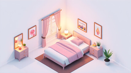 minimal white clean bedroom isometric view, digital art