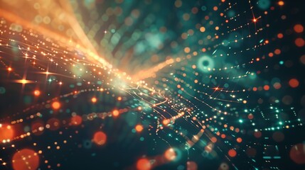 Obraz premium Abstract tech background featuring illuminated fiber optic connections, a quantum computing network system, and global electronic intelligence.