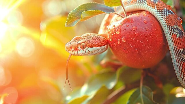 A snake holding an apple fruit on a tree. Religious topic of forbidden fruit notion.