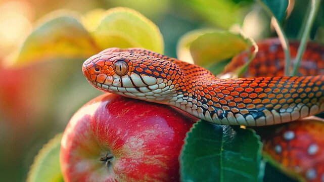 A snake holding an apple fruit on a tree. Religious topic of forbidden fruit notion.