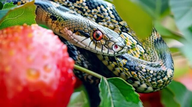 A snake holding an apple fruit on a tree. Religious topic of forbidden fruit notion.