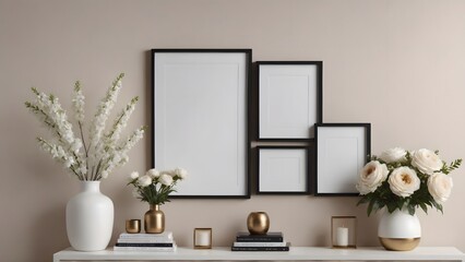 An empty modern living room with a stylish furniture set and picture frames on the wall 3d illustration template image.