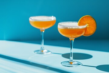 Vibrant orange cocktails with orange slices in coupe glasses on a blue background