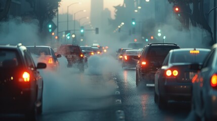 Smoggy atmosphere due to car emissions (copy space, air quality issue, dynamic, Double exposure, Downtown area)