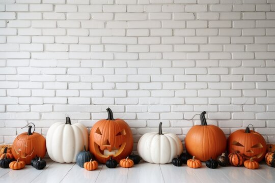 Fototapeta Row of orange and white Halloween pumpkins against a white brick wall indoors