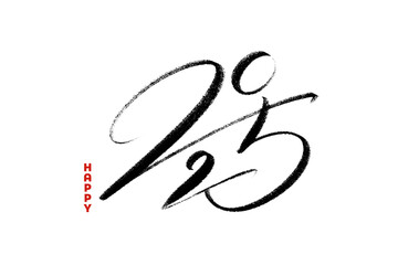 Vector artistic inscription happy 2025 in oriental ink calligraphy style. Modern lettering card, holiday template, banner. New year greeting art.