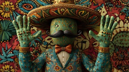 Surreal cactus, mustache and sombrero, surrounded by Latin American patterns. National Hispanic American Heritage Month