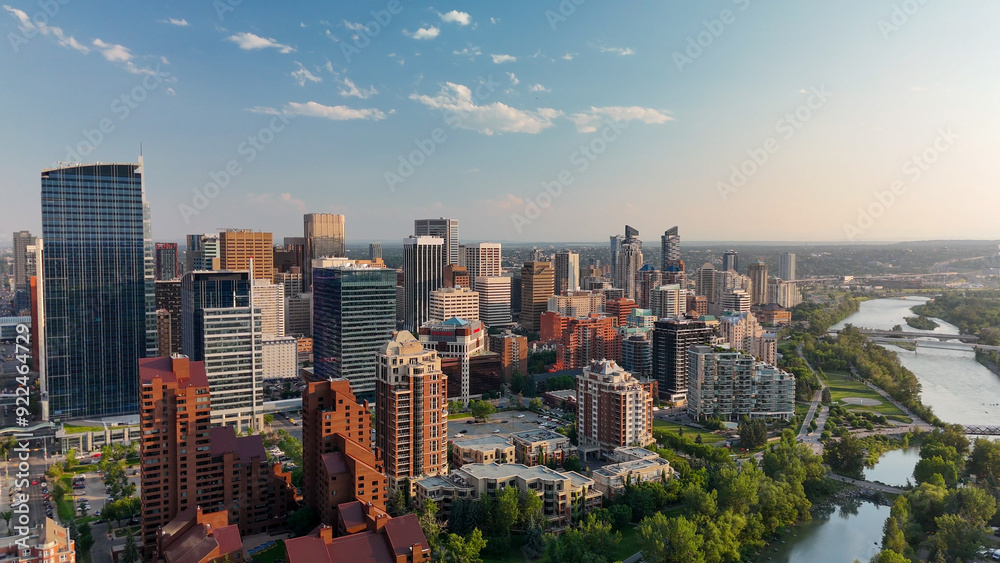 Canvas Prints Calgary, Alberta - July 10, 2024: Aerial view of Calgary skyline on a beautiful summer sunset, Alberta - Canada