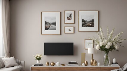 An empty modern living room with a stylish furniture set and picture frames on the wall 3d illustration template image.