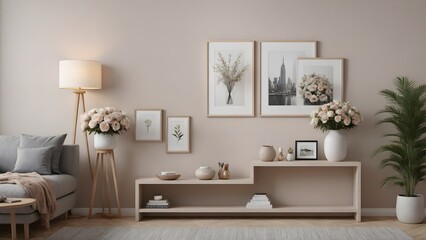 An empty modern living room with a stylish furniture set and picture frames on the wall 3d illustration template image.