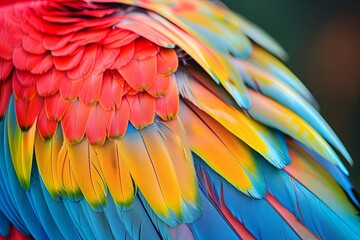 Fototapeta premium Close-up of a parrot's colorful feathers, featuring shades of red, yellow, and blue.