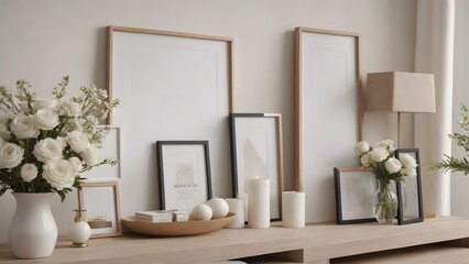 An empty modern living room with a stylish furniture set and picture frames on the wall 3d illustration template image.