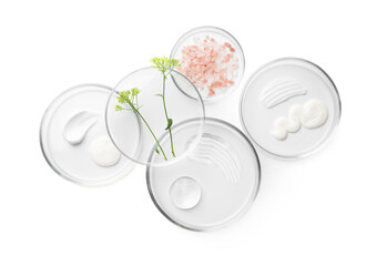 Petri dishes with different cosmetic products and leaves isolated on white, flat lay