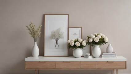 An empty modern living room with a stylish furniture set and picture frames on the wall 3d illustration template image.