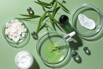 Petri dishes with cosmetic products, pipette and leaves on green background, flat lay