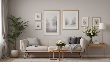 An empty modern living room with a stylish furniture set and picture frames on the wall 3d illustration template image.