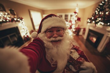 Obraz premium Santa Claus taking a selfie in the living room of a house while leaving gifts at night