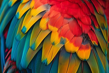 Obraz premium Close-up of colorful bird feathers, showing the intricate pattern and texture.